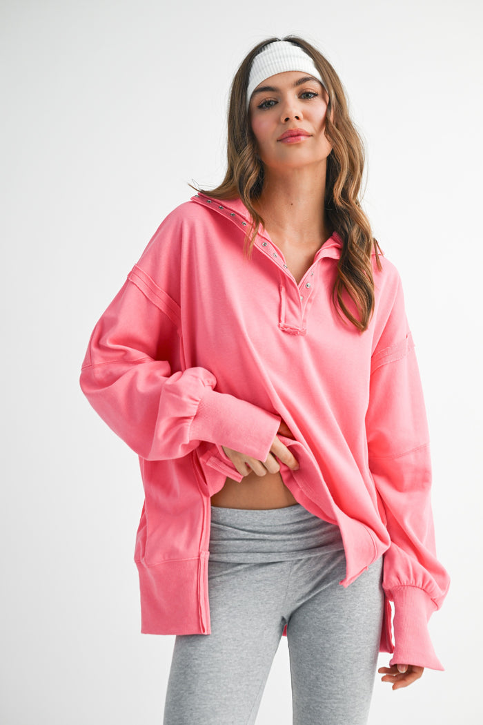 Bright Pink Snap Button Pullover Henley Maternity Sweatshirt