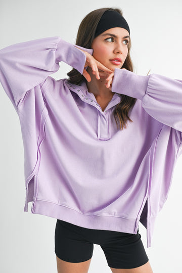 Lilac Snap Button Pullover Henley Sweatshirt