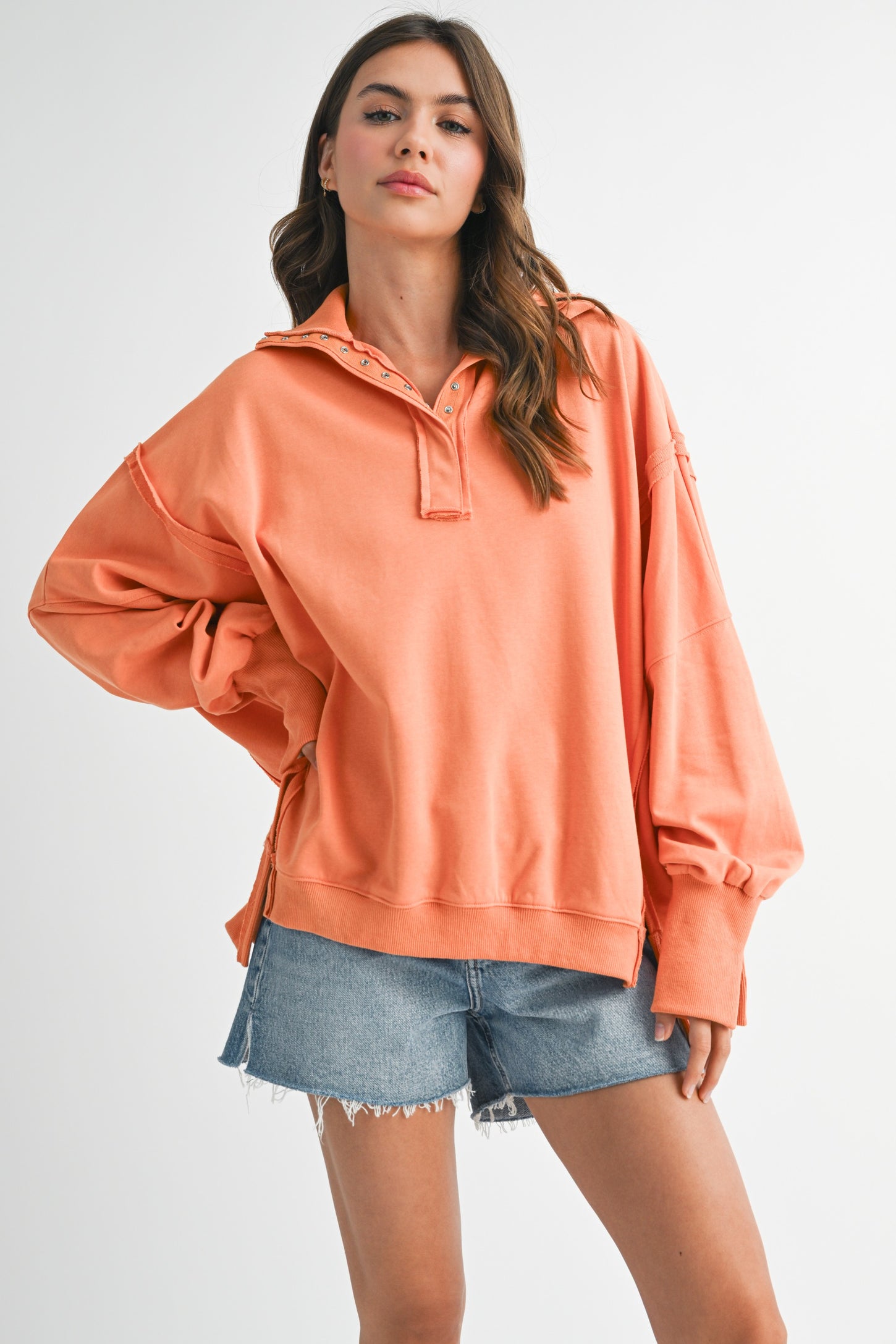 Orange Snap Button Pullover Henley Sweatshirt