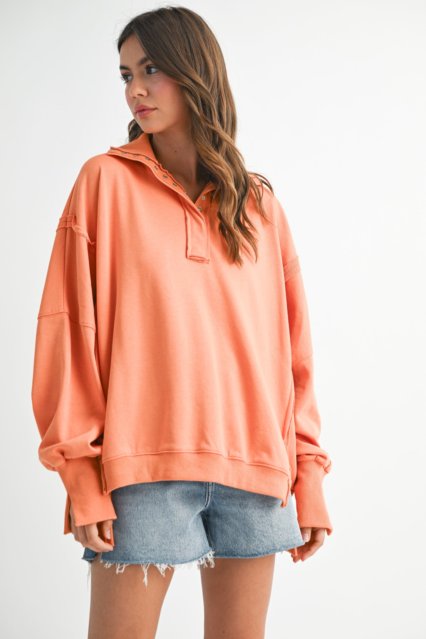 Orange Snap Button Pullover Henley Sweatshirt