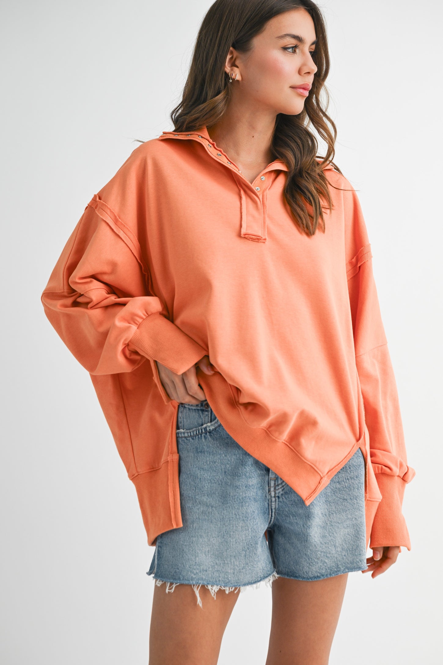Orange Snap Button Pullover Henley Sweatshirt