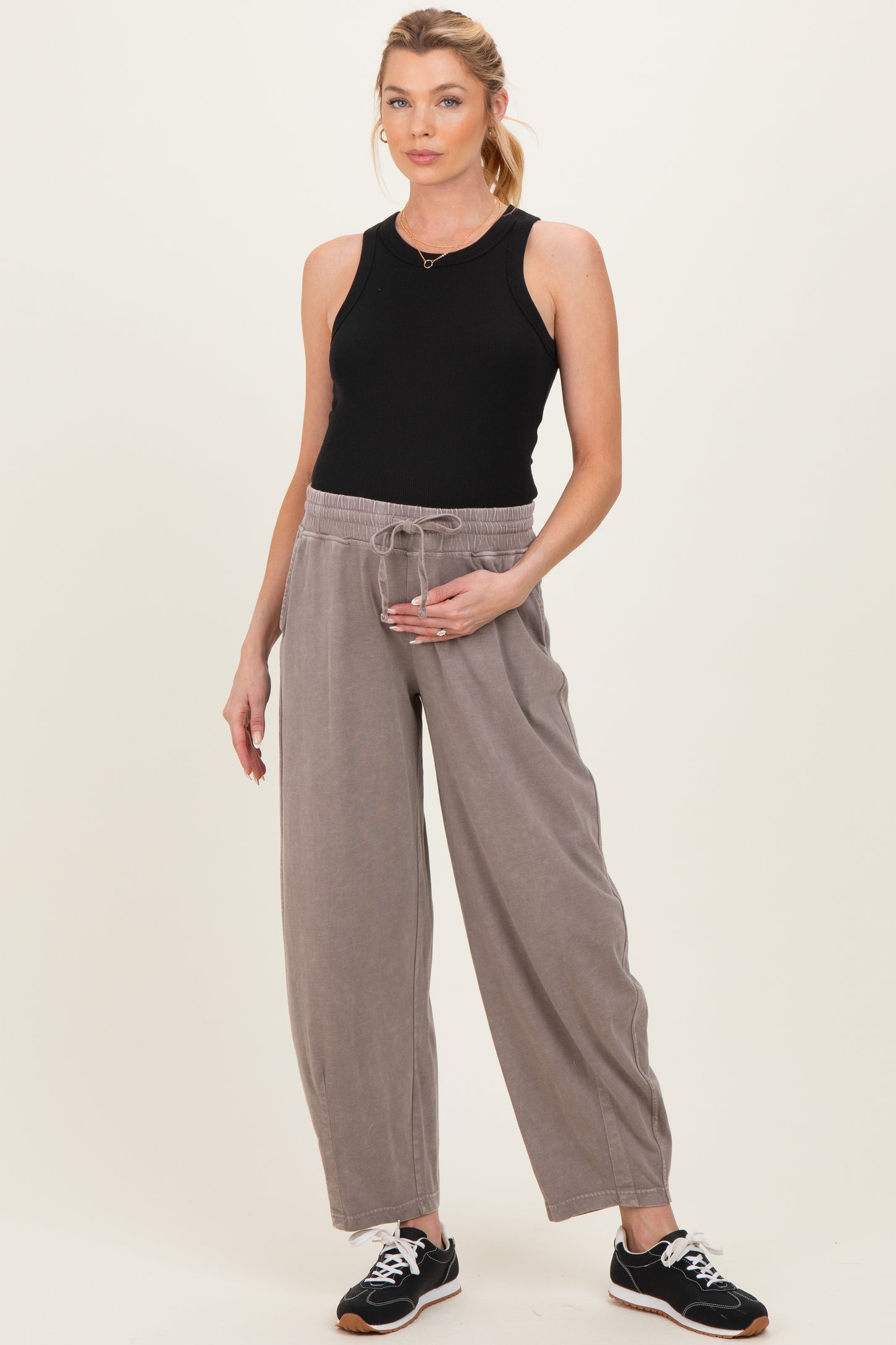Mocha Mineral Wash Barrel Leg Maternity Lounge Pants