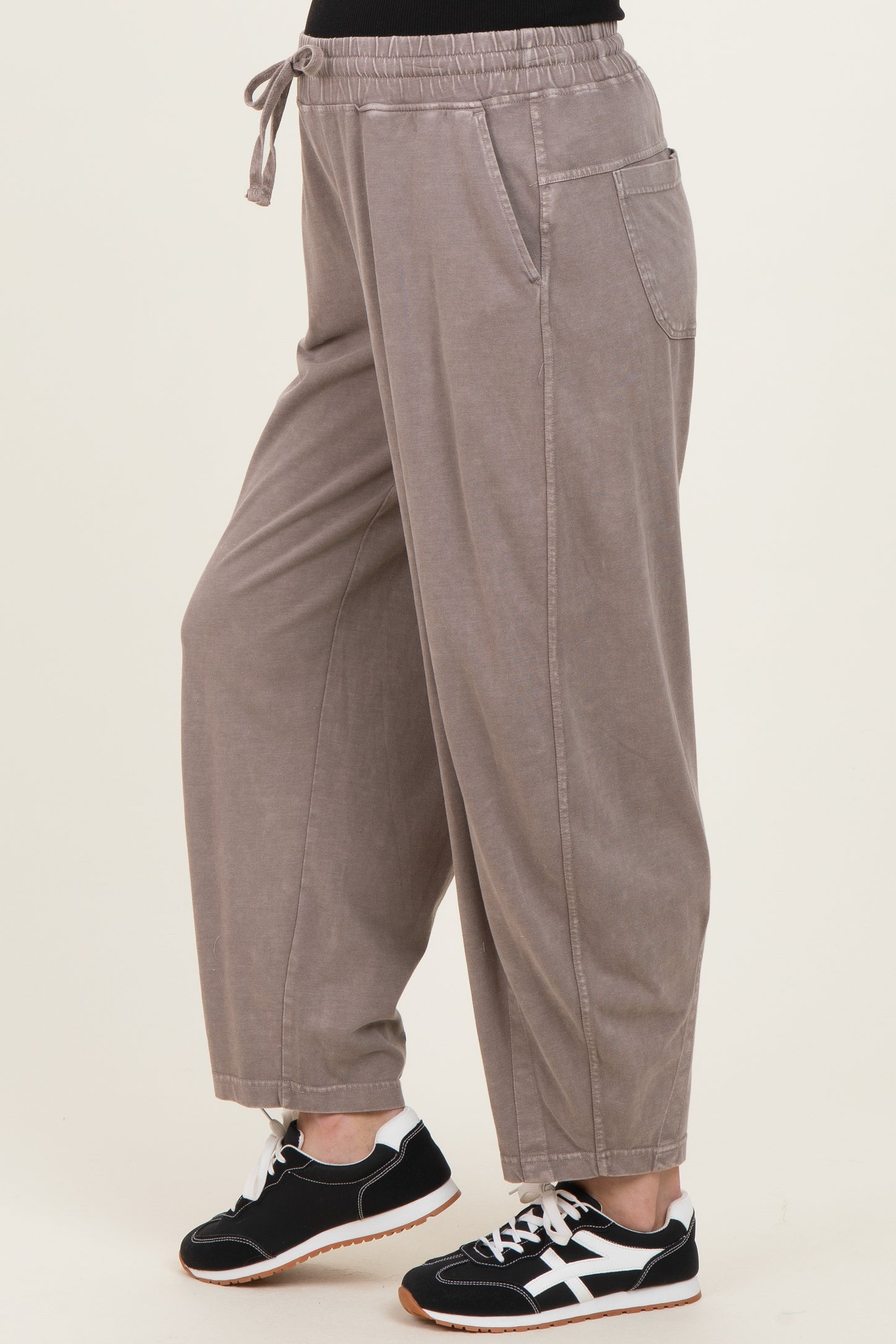 Mocha Mineral Wash Barrel Leg Maternity Lounge Pants