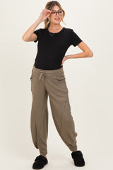 Olive Waffle Knit Raw Seam Maternity Joggers