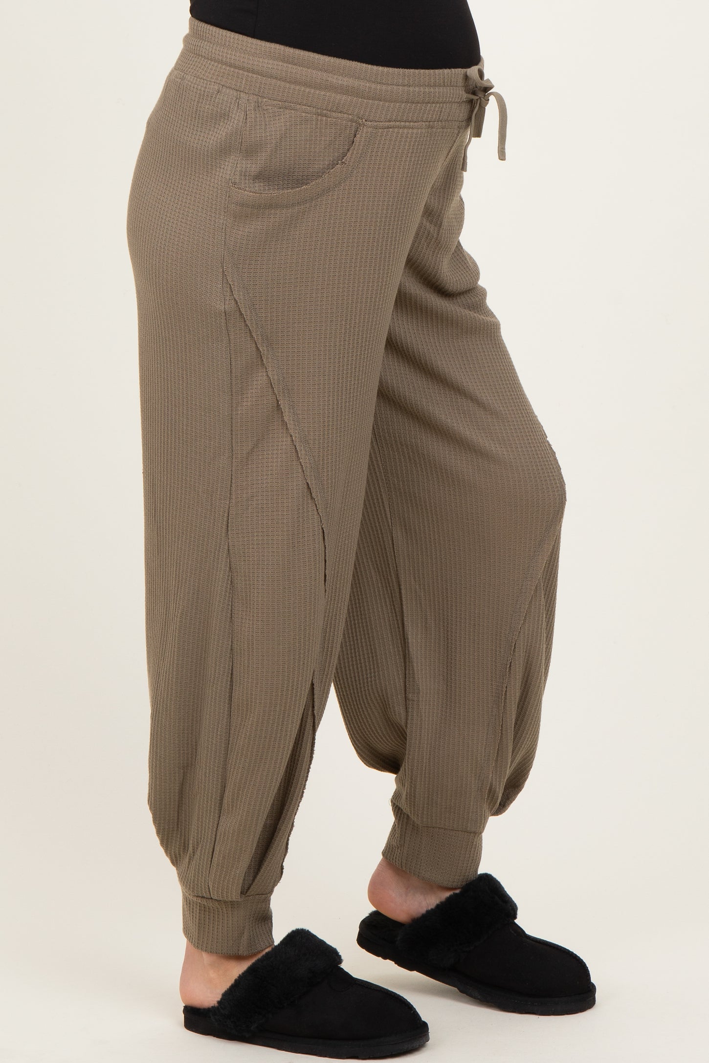 Olive Waffle Knit Raw Seam Maternity Joggers