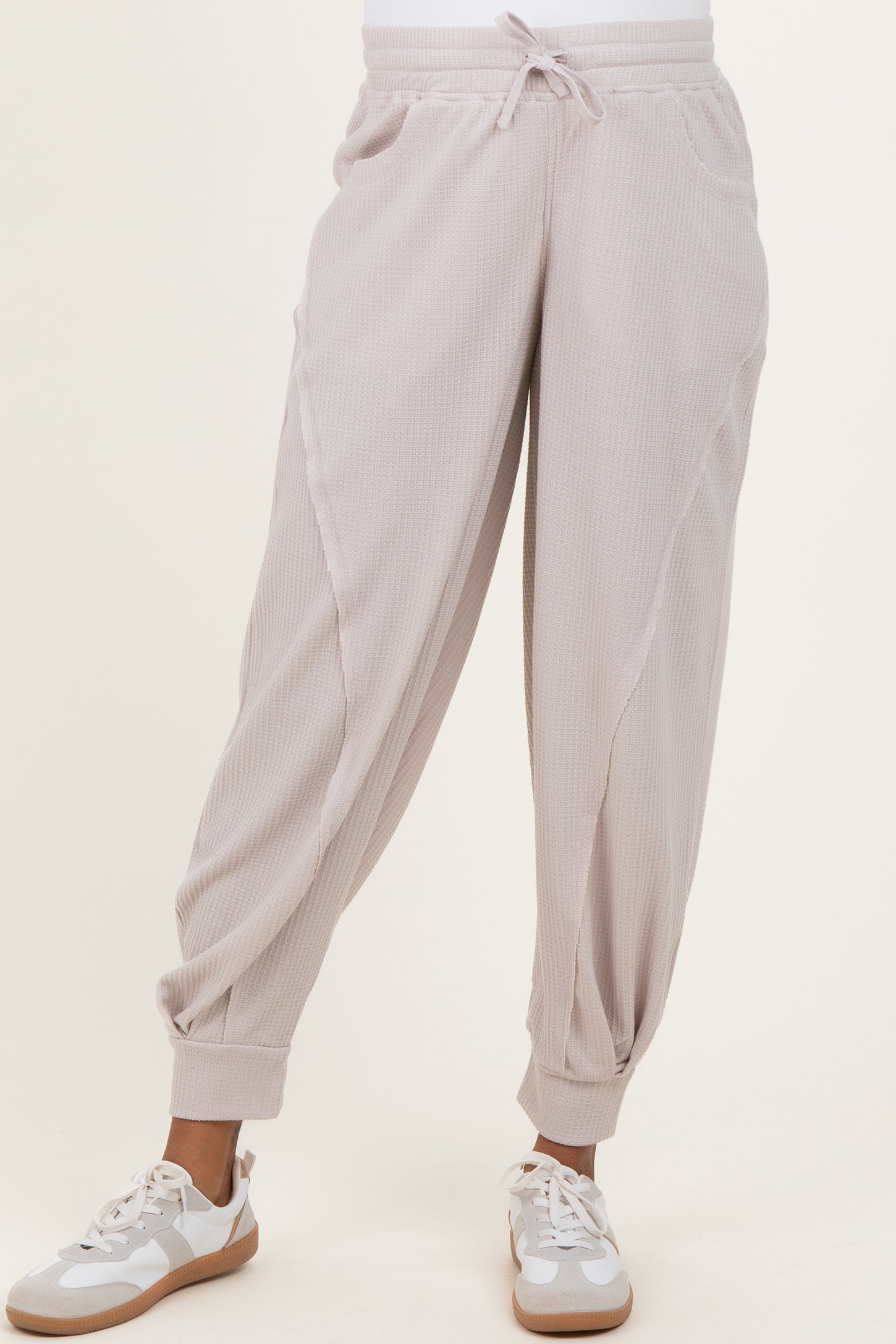 Beige Waffle Knit Raw Seam Maternity Joggers