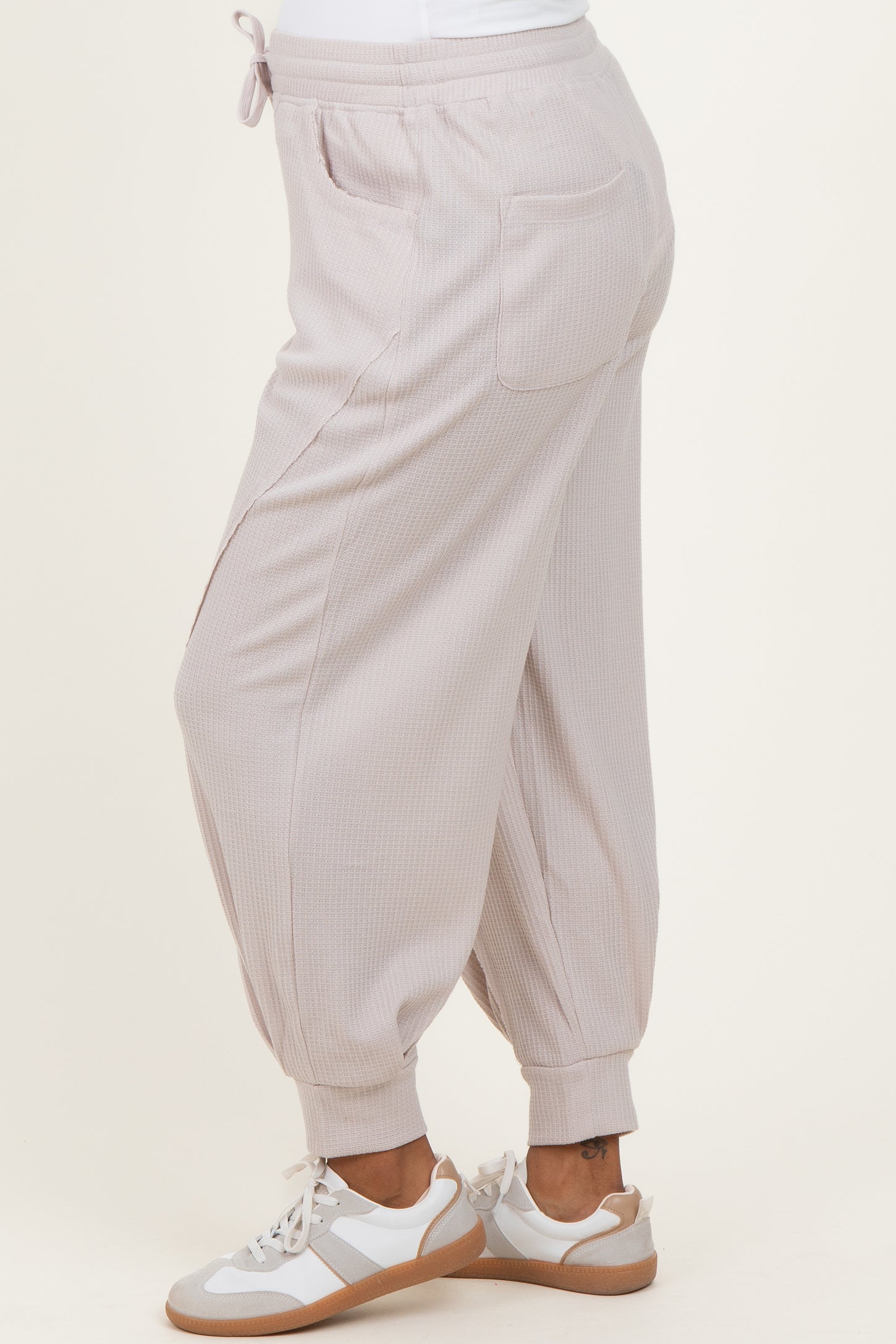 Beige Waffle Knit Raw Seam Maternity Joggers