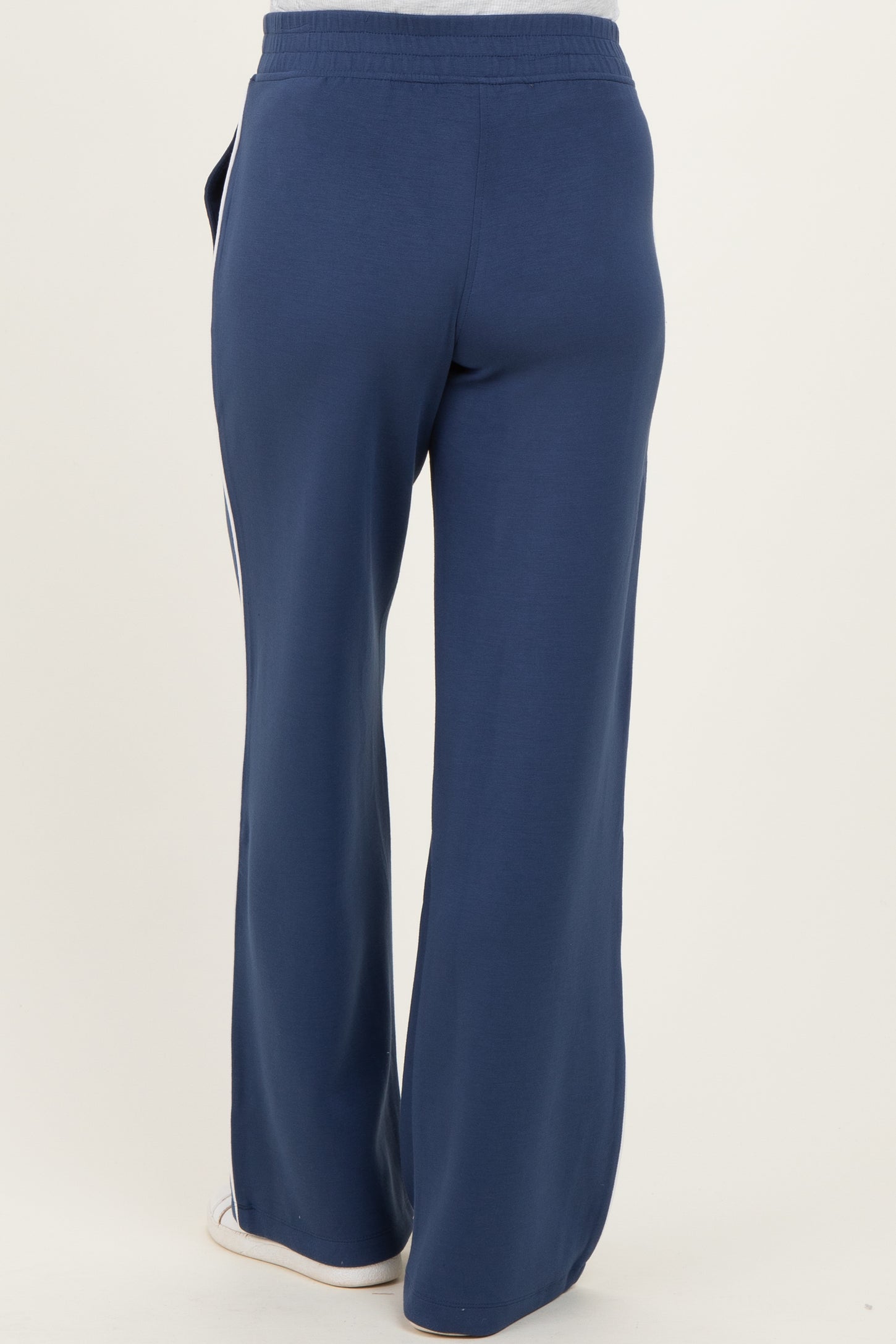 maternity wear navy blue wide-leg pants with a comfortable waistband and white side stripes