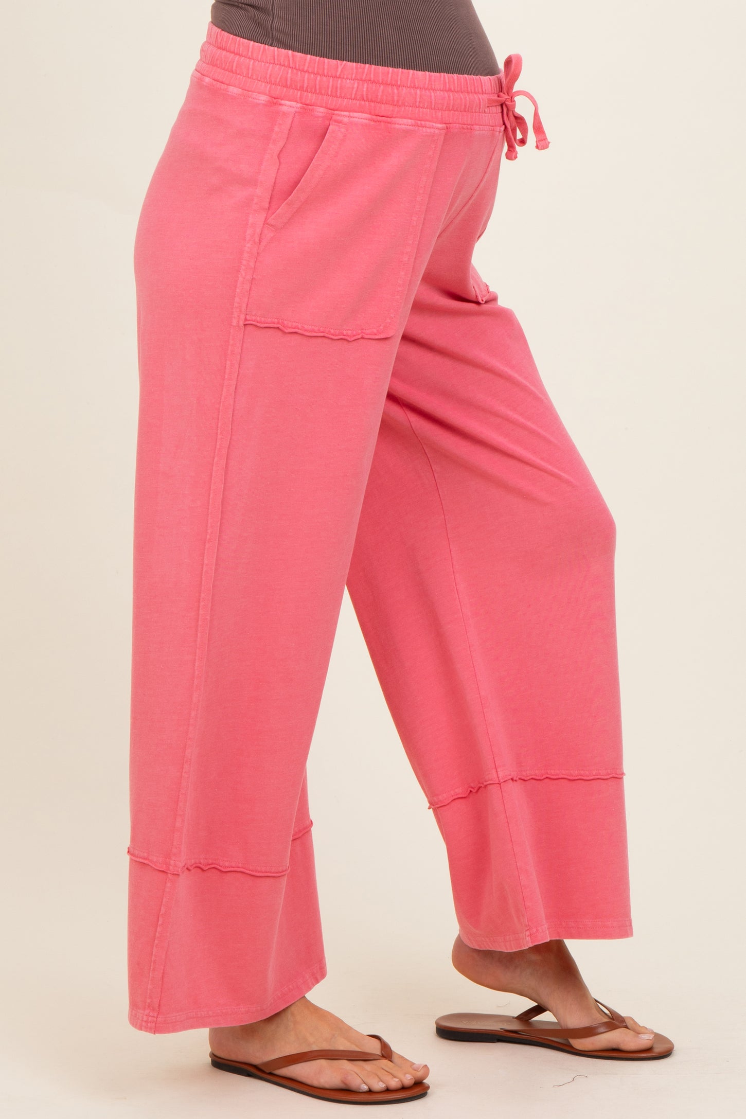 Hot Pink Mineral Wash Wide Leg Ankle Maternity Pants