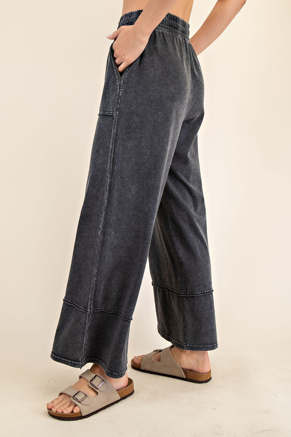 Black Mineral Wash Wide Leg Ankle Pants