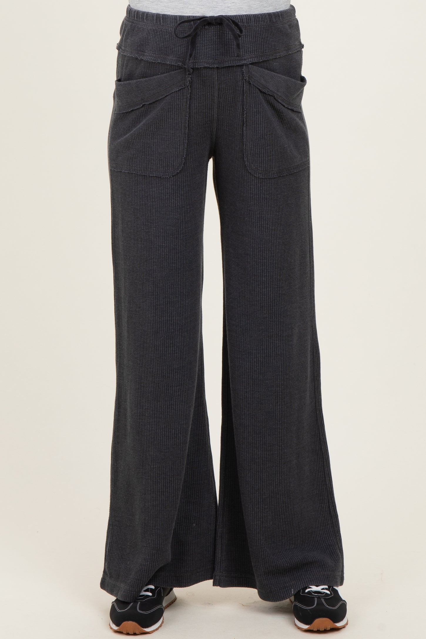 Black Mineral Wash Waffle Knit Wide Leg Maternity Pants