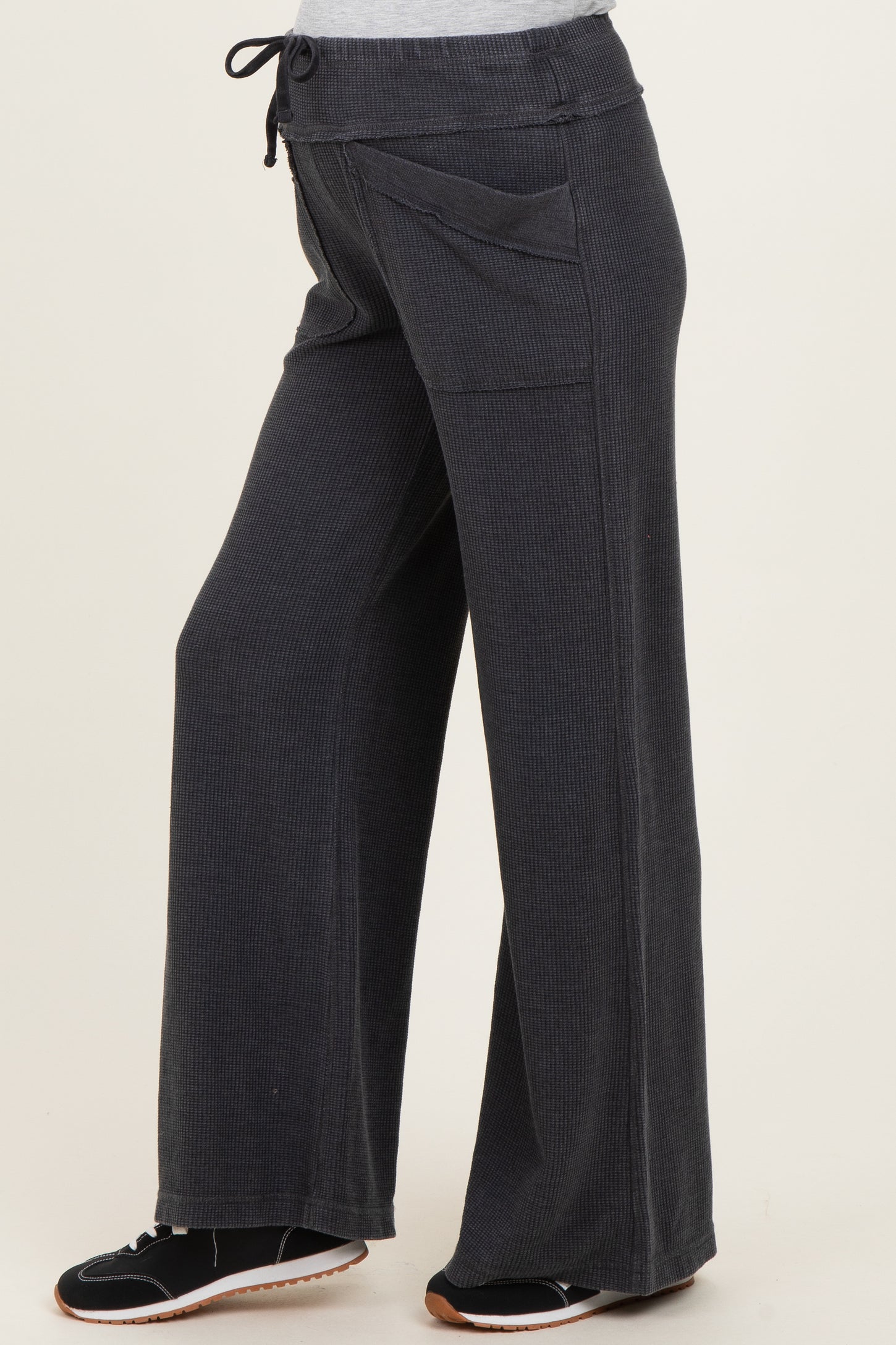 Black Mineral Wash Waffle Knit Wide Leg Maternity Pants