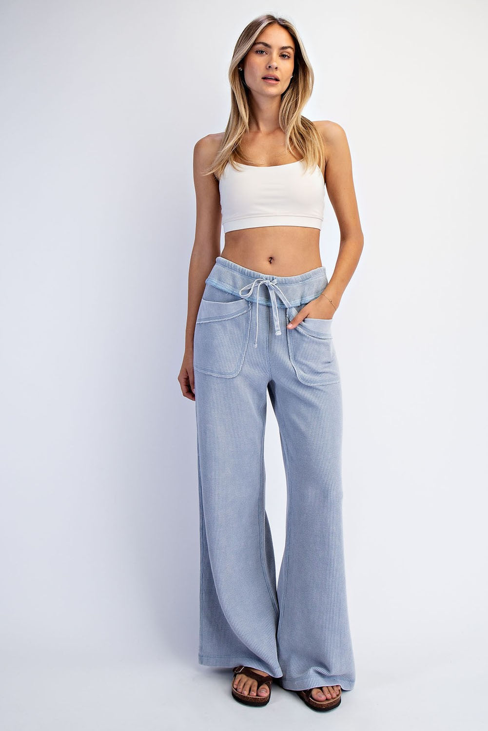 Dusty Blue Mineral Wash Waffle Knit Wide Leg Pants
