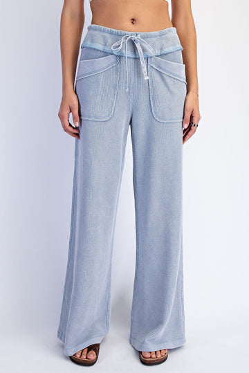 Dusty Blue Mineral Wash Waffle Knit Wide Leg Pants
