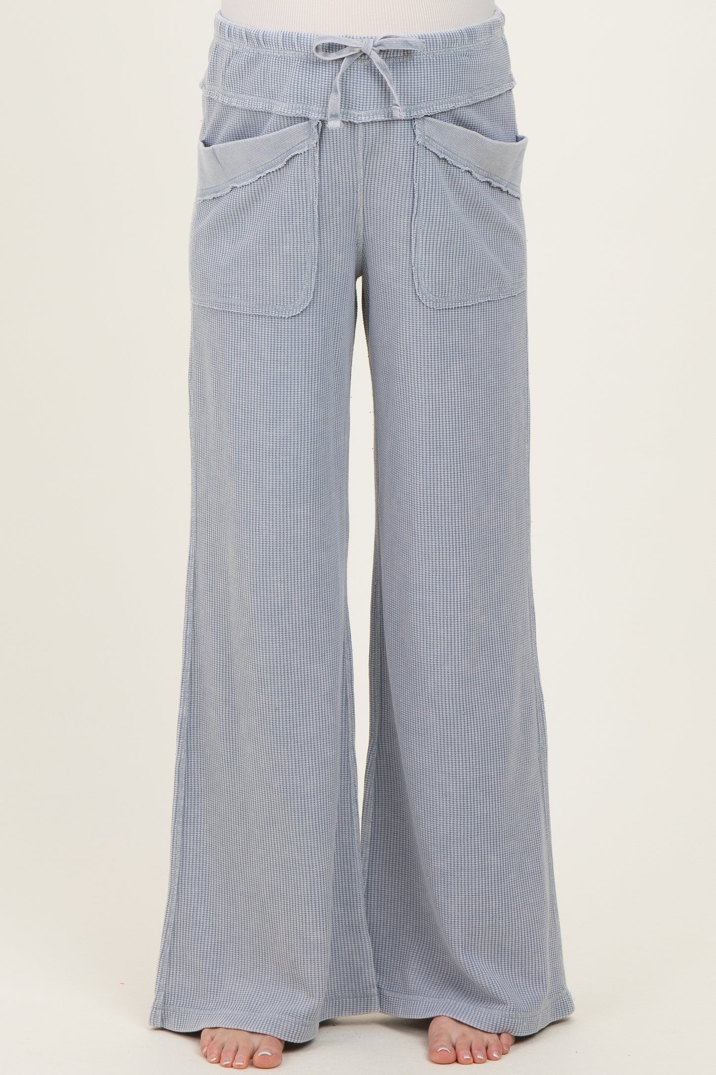 Dusty Blue Mineral Wash Waffle Knit Wide Leg Maternity Pants
