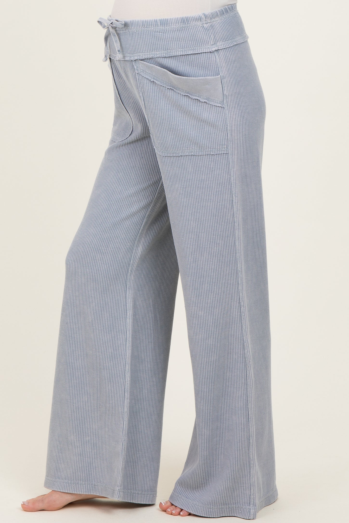 Dusty Blue Mineral Wash Waffle Knit Wide Leg Maternity Pants