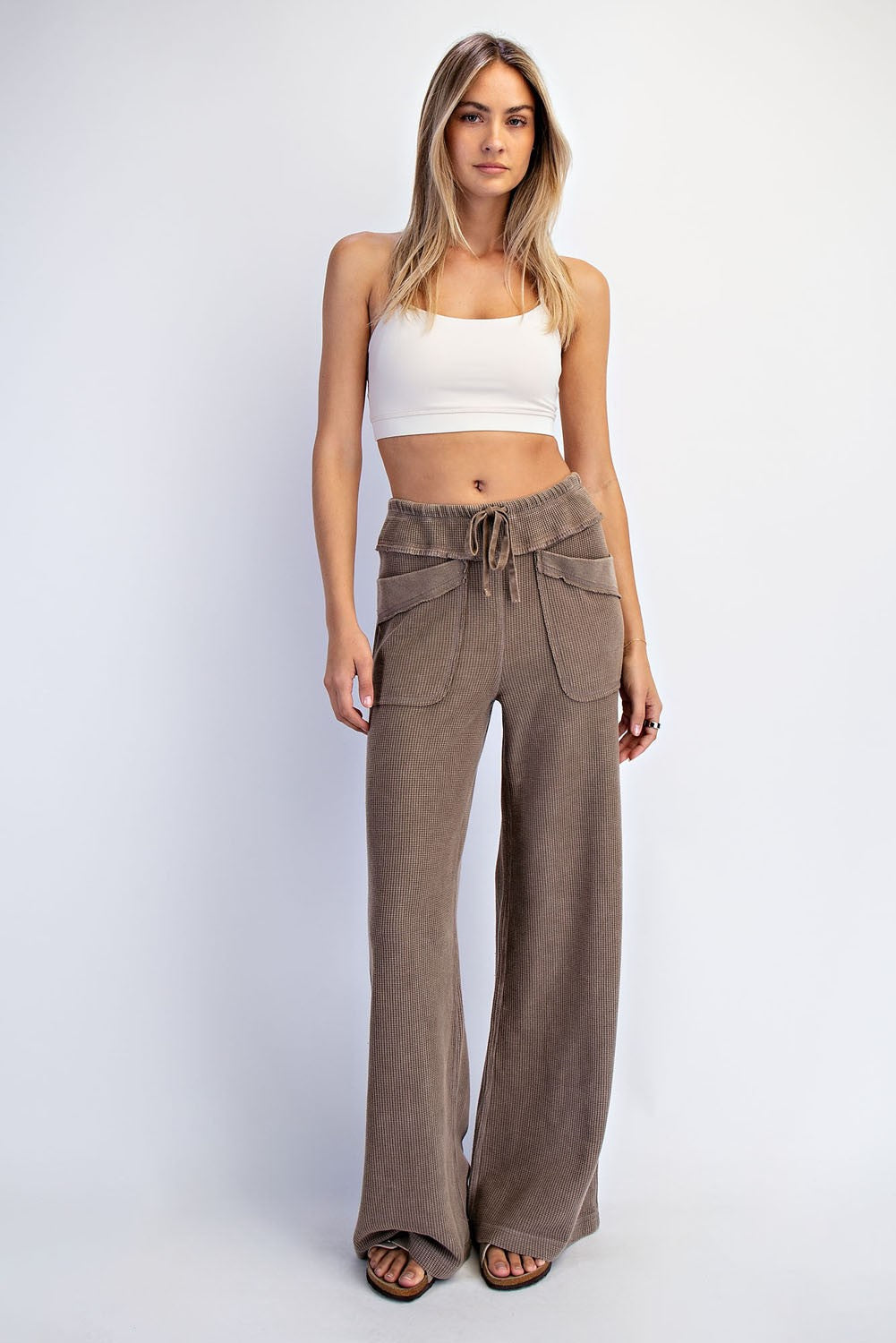 Mocha Mineral Wash Waffle Knit Wide Leg Maternity Pants