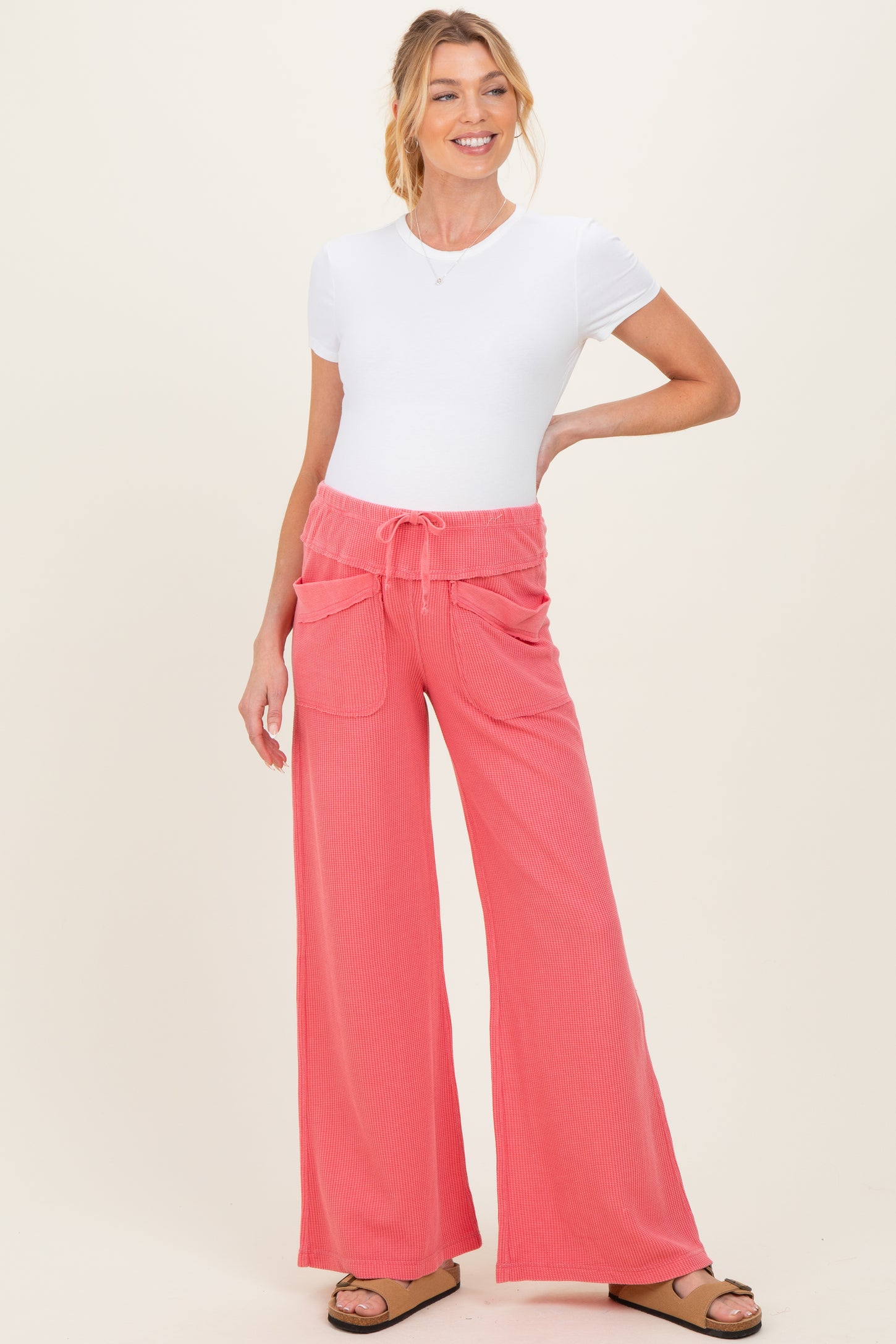 Pink Mineral Wash Waffle Knit Wide Leg Maternity Pants