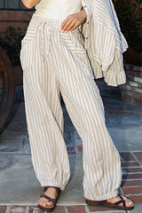 Taupe Striped Cotton Gauze Drawstring Pants