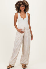 Taupe Striped Cotton Gauze Drawstring Maternity Pants