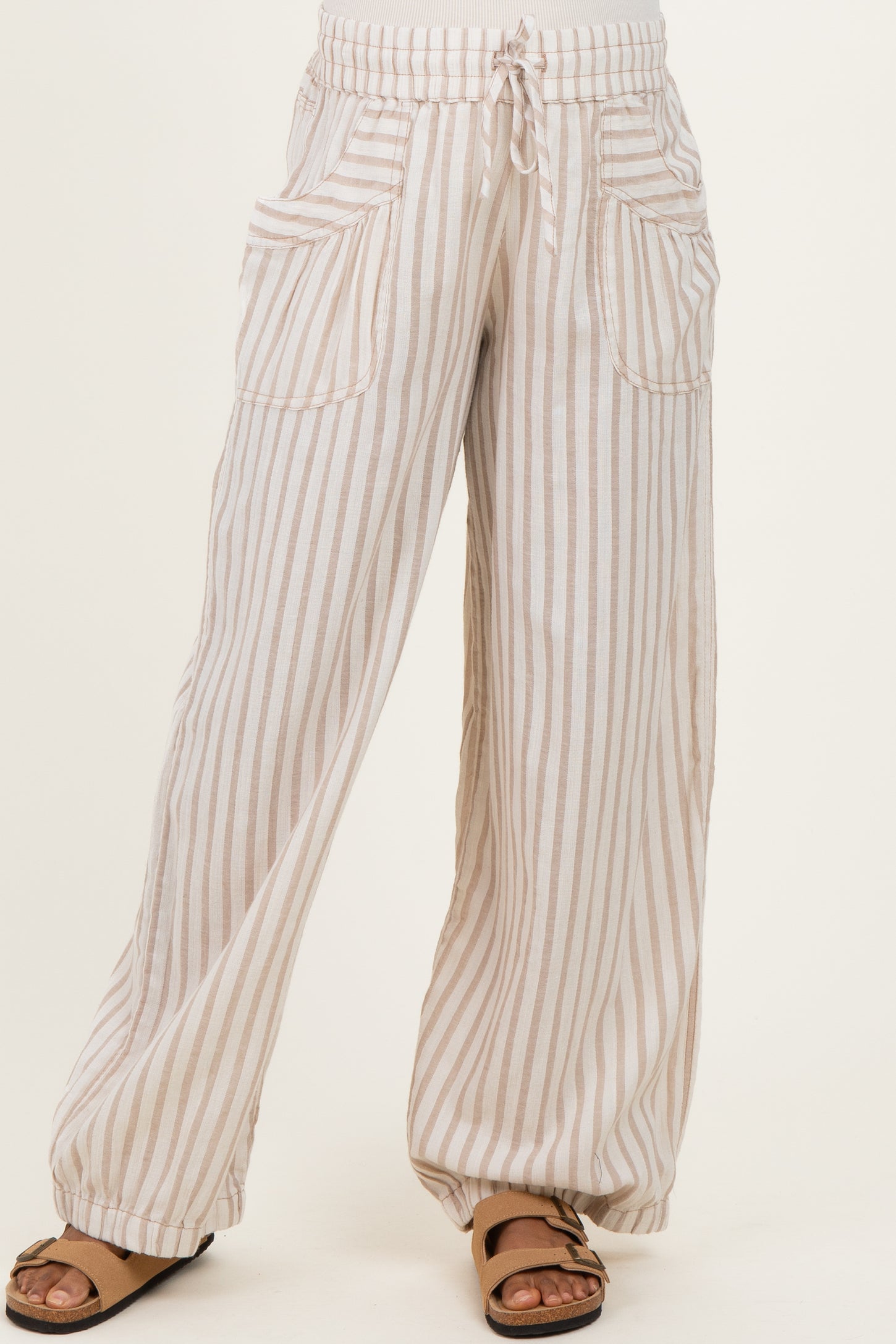 Taupe Striped Cotton Gauze Drawstring Maternity Pants