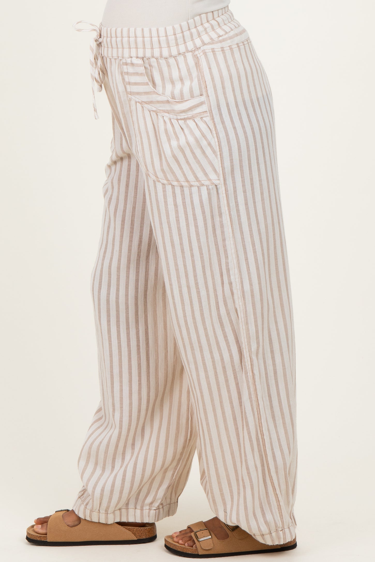 Taupe Striped Cotton Gauze Drawstring Maternity Pants