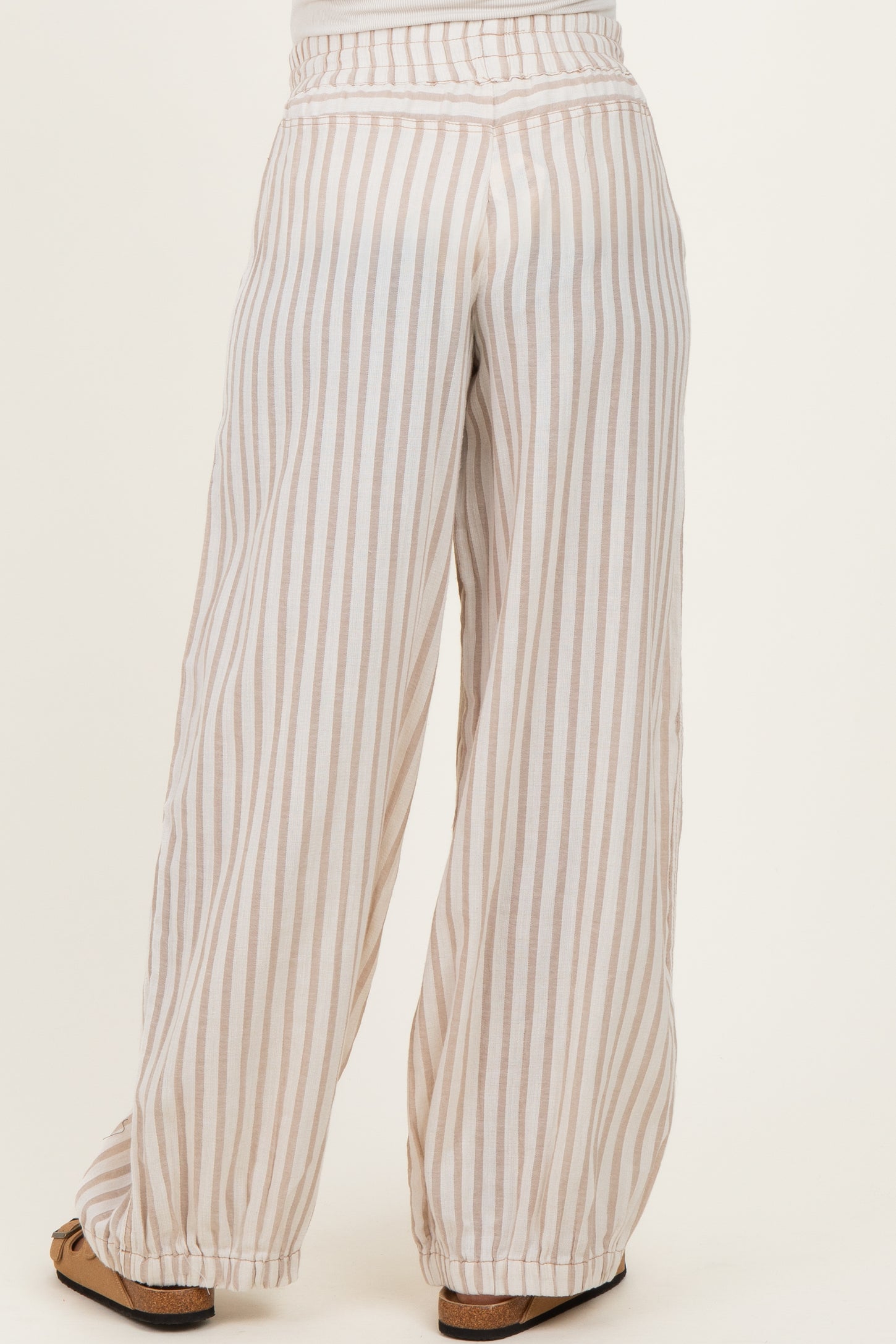 Taupe Striped Cotton Gauze Drawstring Maternity Pants