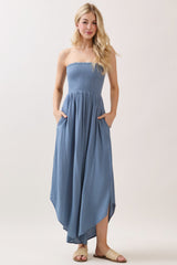 Blue Smocked Strapless Tulip Leg Maternity Jumpsuit