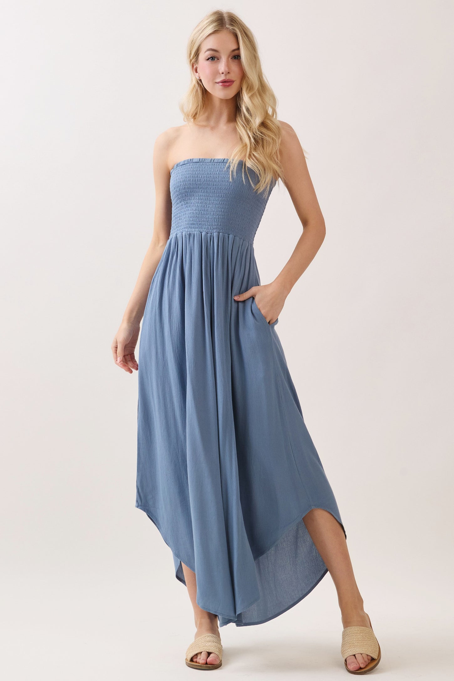 Blue Smocked Strapless Tulip Leg Jumpsuit