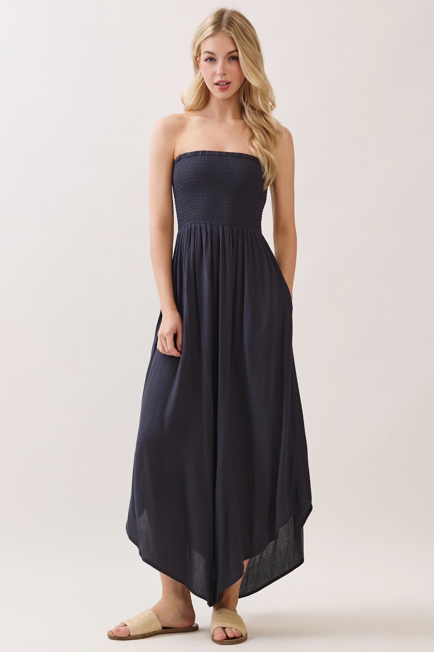 Navy Smocked Strapless Tulip Leg Jumpsuit