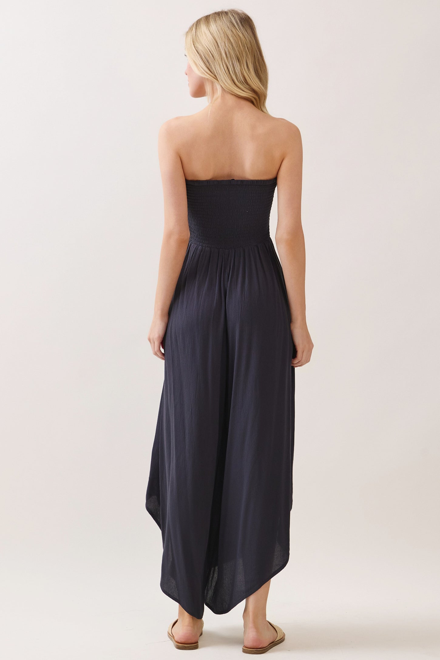 Navy Smocked Strapless Tulip Leg Jumpsuit
