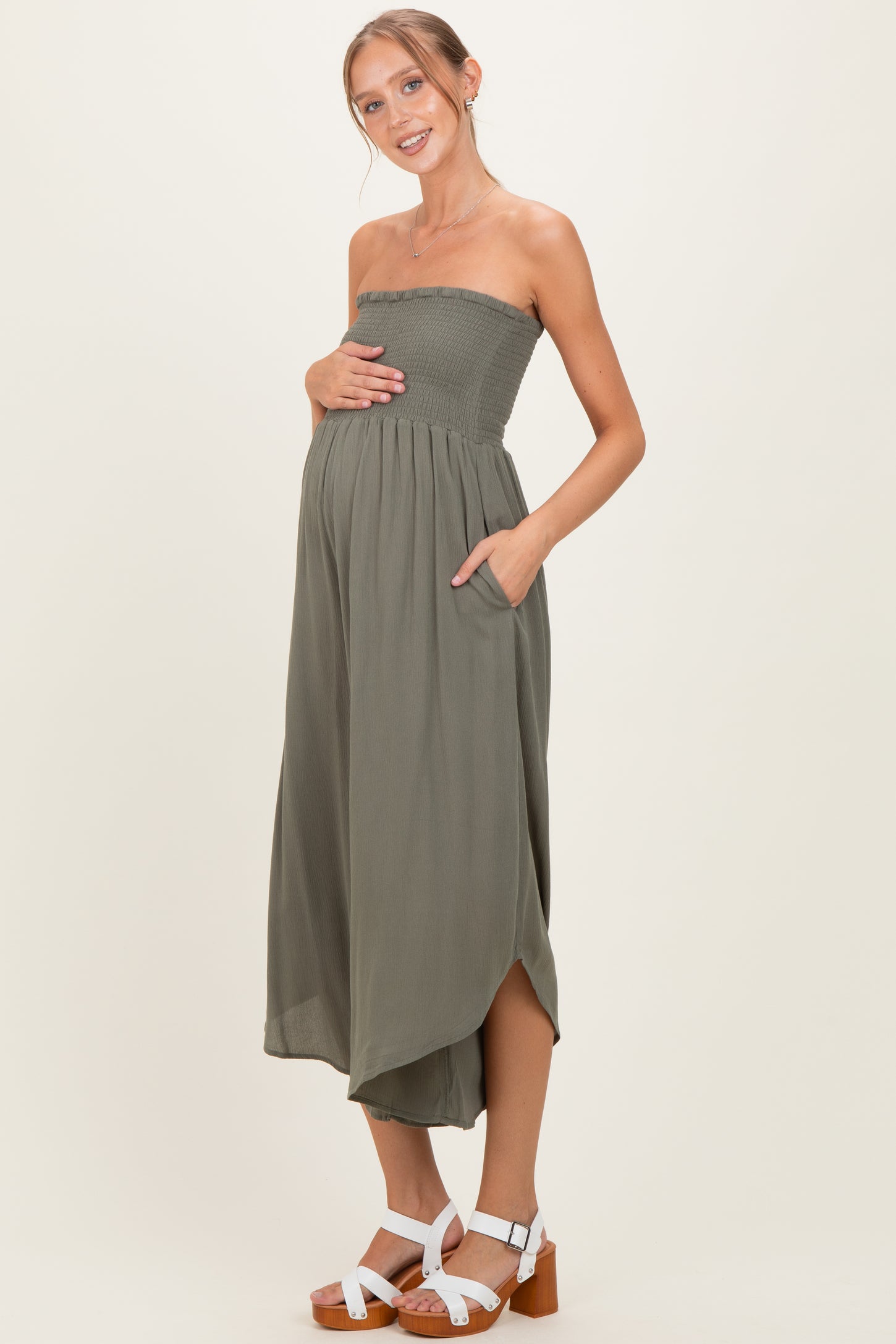 Olive Smocked Strapless Tulip Leg Maternity Jumpsuit