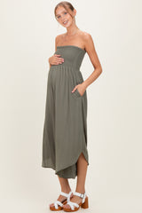 Olive Smocked Strapless Tulip Leg Maternity Jumpsuit
