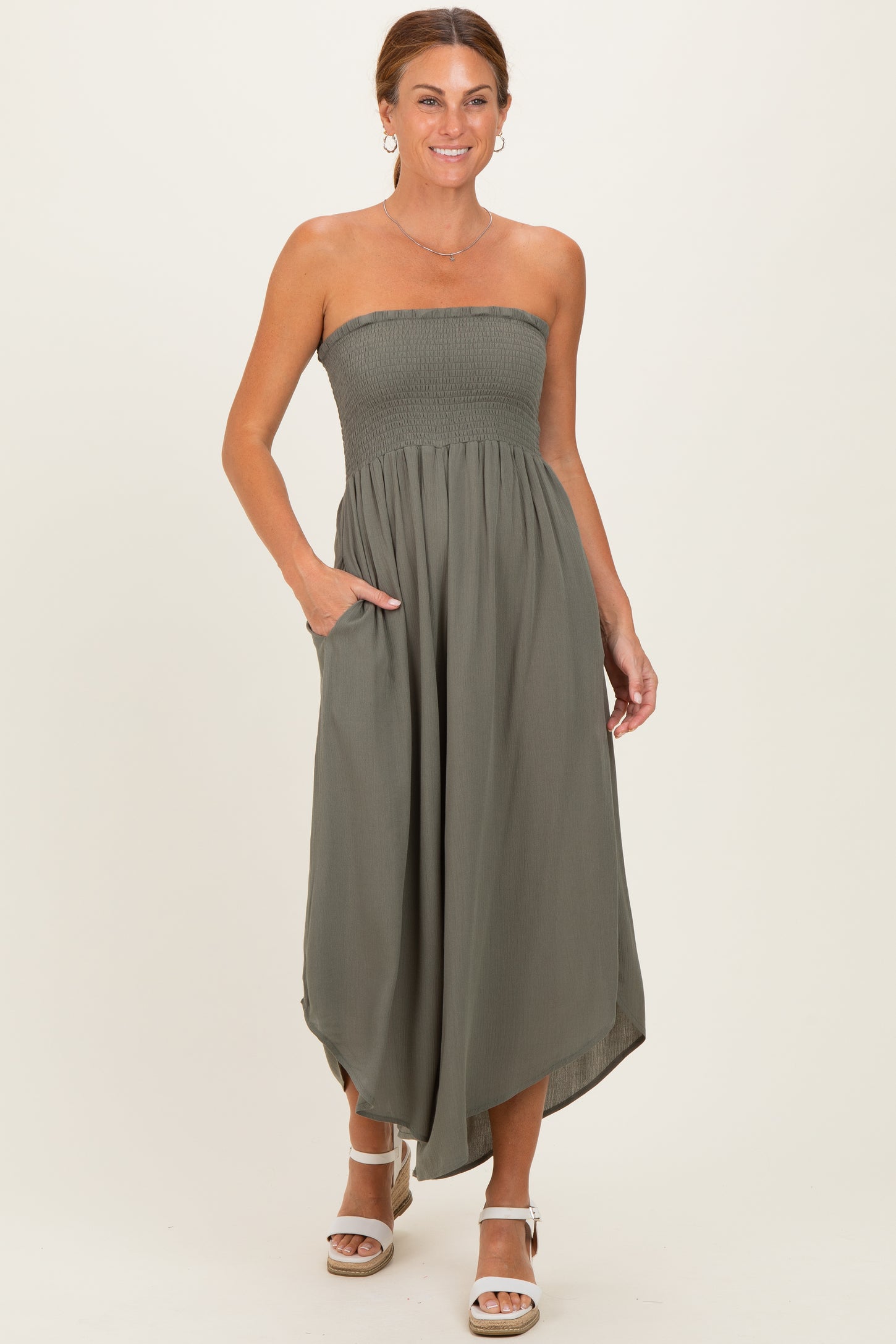 Olive Smocked Strapless Tulip Leg Maternity Jumpsuit