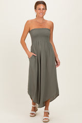 Olive Smocked Strapless Tulip Leg Maternity Jumpsuit