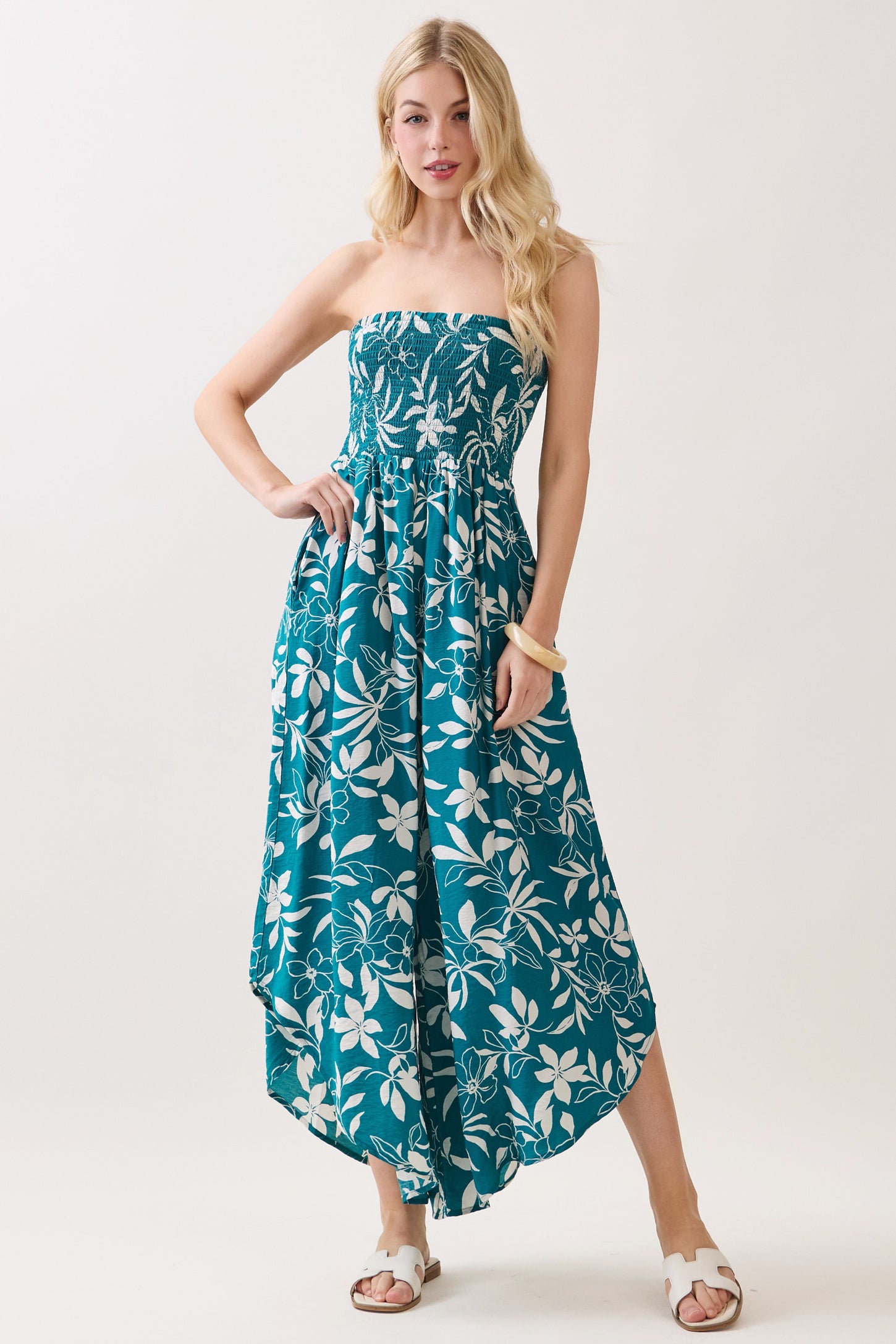 Teal Floral Strapless Smocked Tulip Leg Jumpsuit