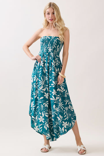 Teal Floral Strapless Smocked Tulip Leg Jumpsuit