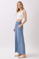 Light Blue Smocked Waist Ankle Wide Leg Pants
