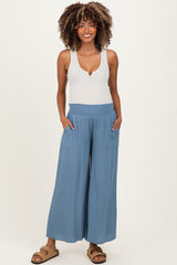 Light Blue Smocked Waist Ankle Wide Leg Maternity Pants