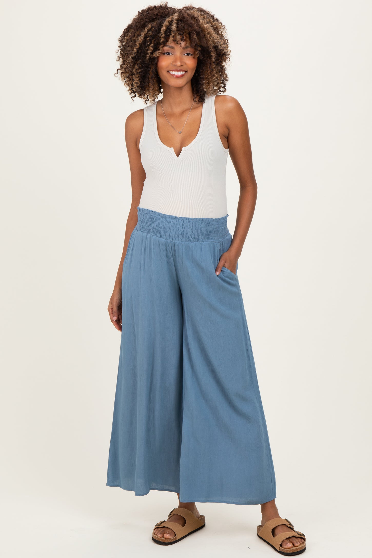 Light Blue Smocked Waist Ankle Wide Leg Maternity Pants