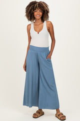 Light Blue Smocked Waist Ankle Wide Leg Maternity Pants