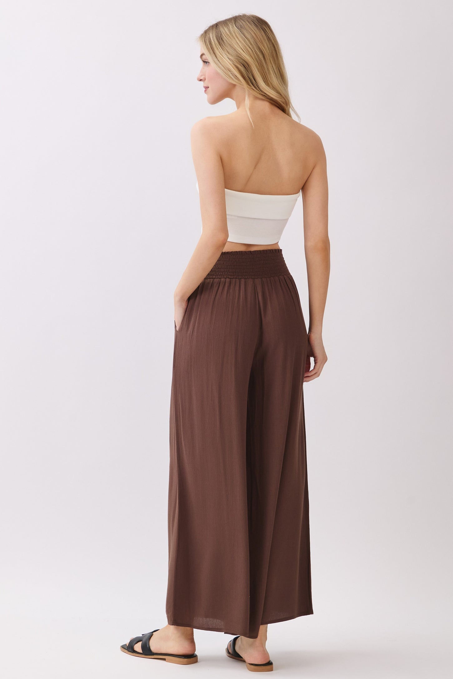 Chocolate Smocked Waist Ankle Wide Leg Pants