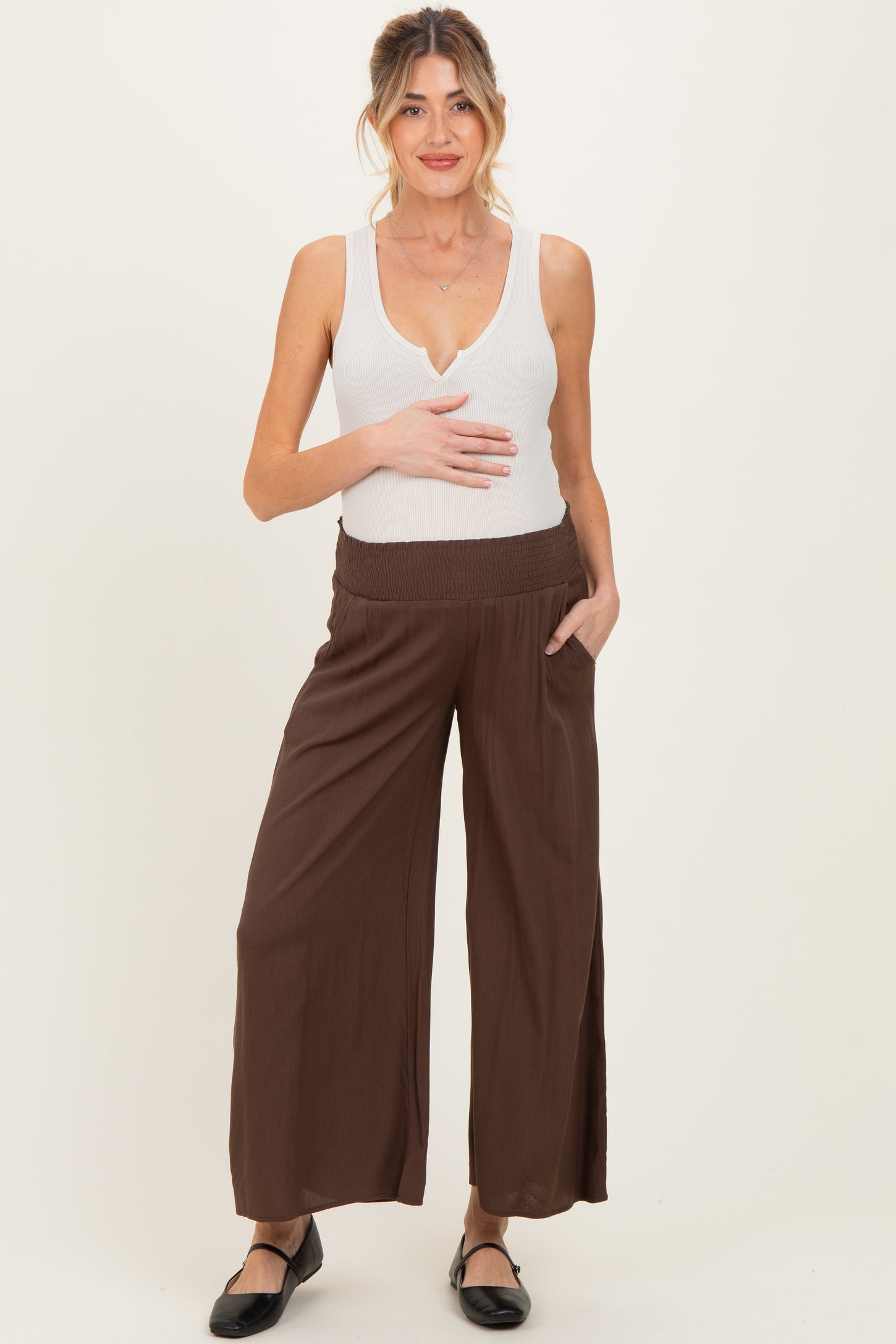 Chocolate Smocked Waist Ankle Wide Leg Maternity Pants