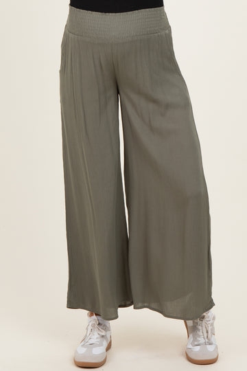 Olive Smocked Waist Ankle Wide Leg Maternity Pants