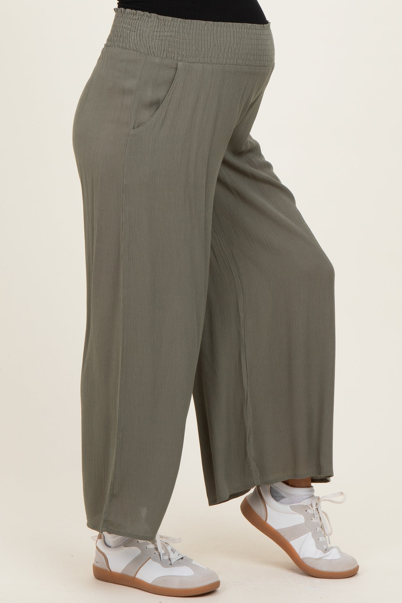 Olive Smocked Waist Ankle Wide Leg Maternity Pants