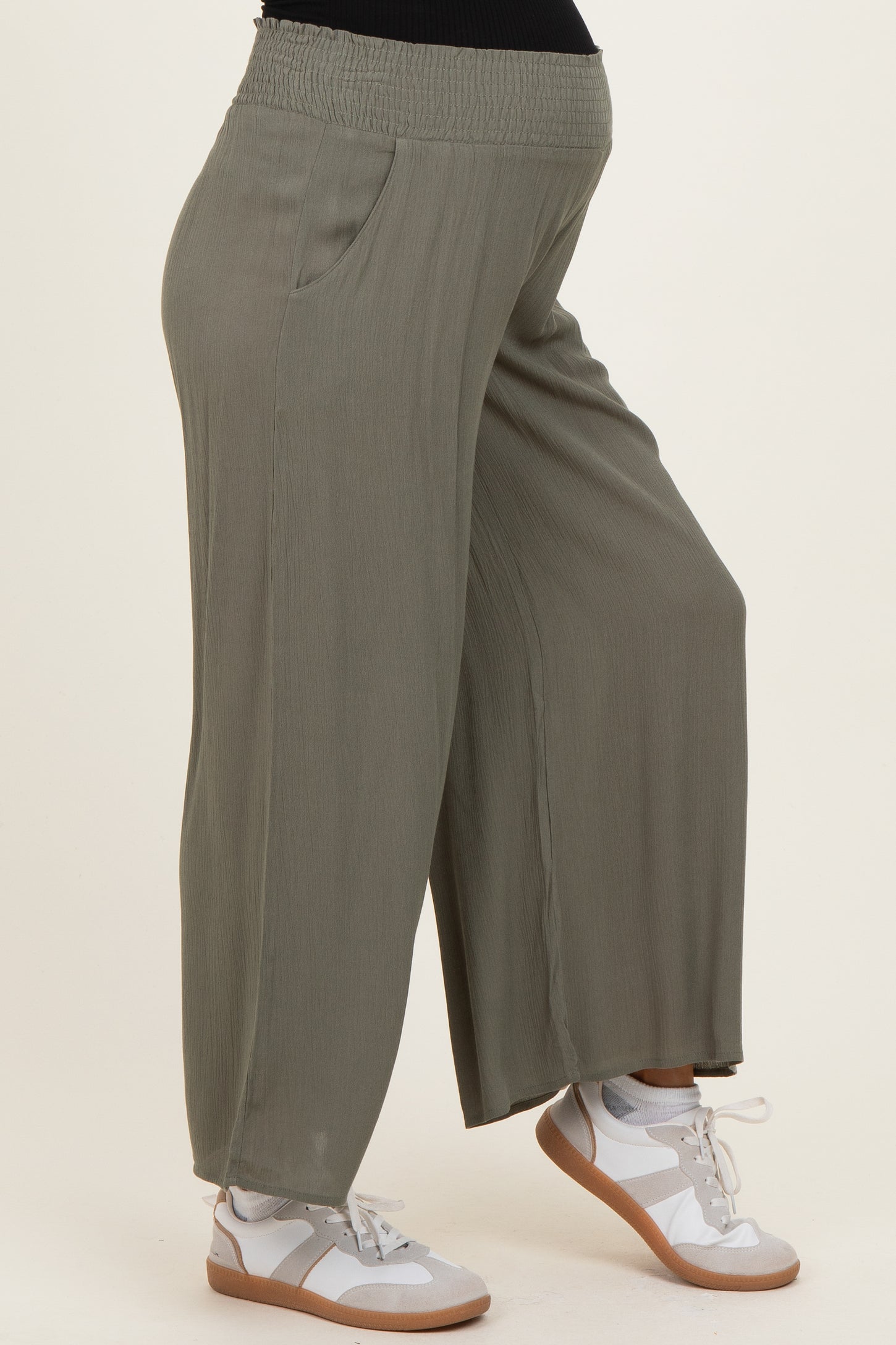 Olive Smocked Waist Ankle Wide Leg Maternity Pants
