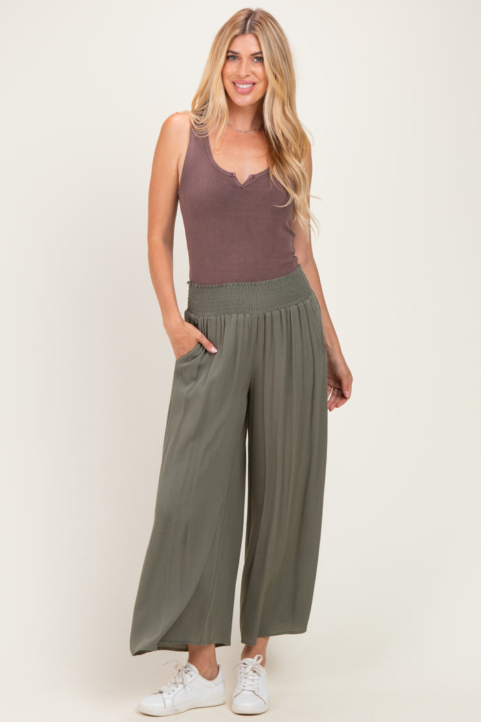 Olive Smocked Waist Ankle Wide Leg Maternity Pants