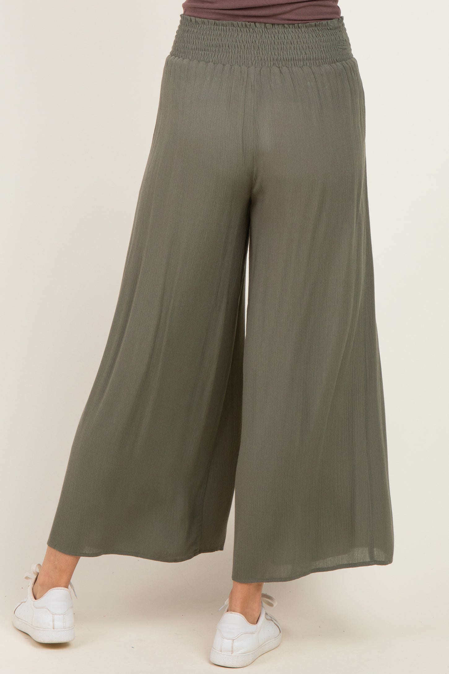 Olive Smocked Waist Ankle Wide Leg Pants