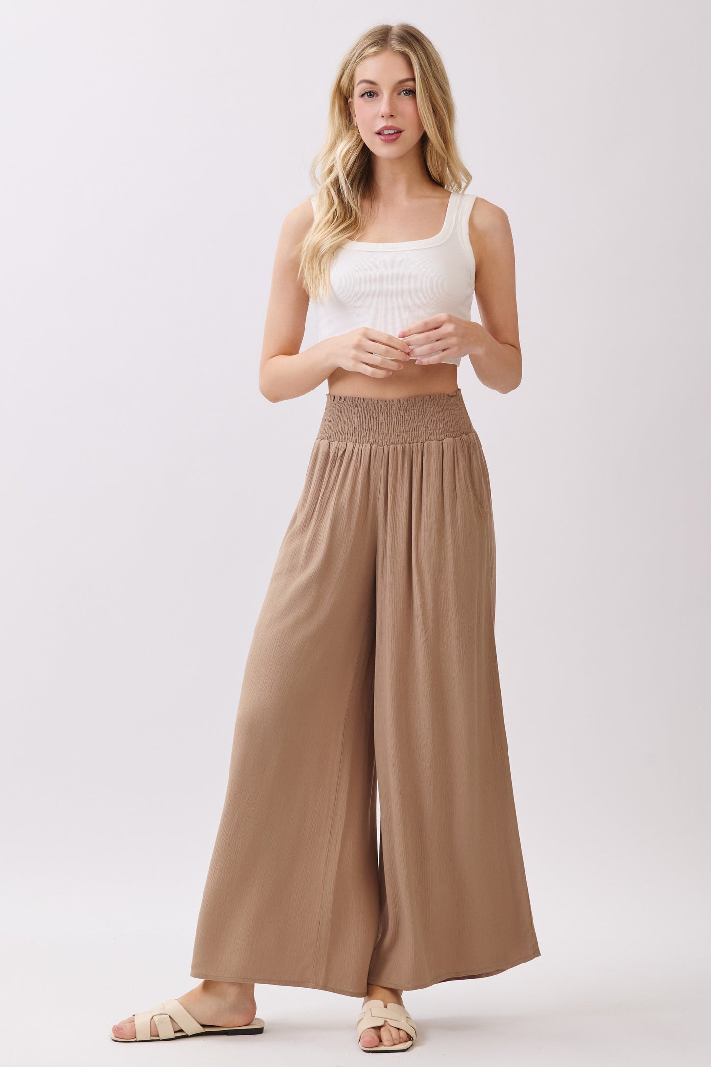 Camel Smocked Waist Ankle Wide Leg Pants