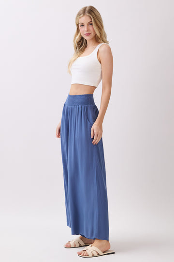 Blue Smocked Waist Ankle Wide Leg Pants